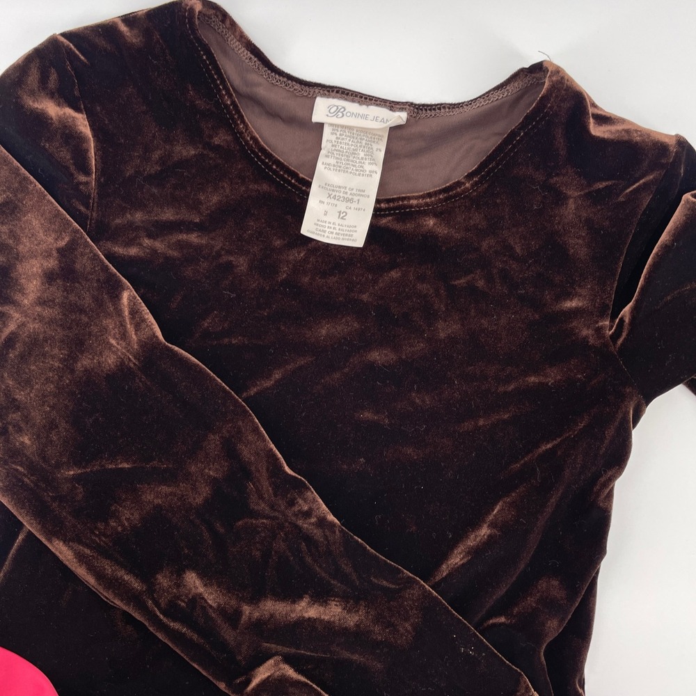 Bonnie Jean Girls Velvet Plaid Dress with Bow Size 12‎ Brown Pink Long Sleeve